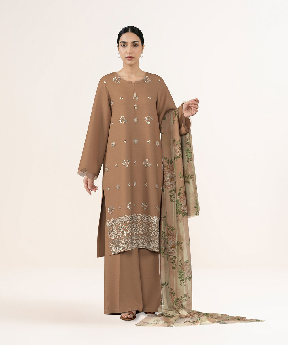 Women's Unstitched Self Jacquard Light Brown Embroidered 3 Piece Suit