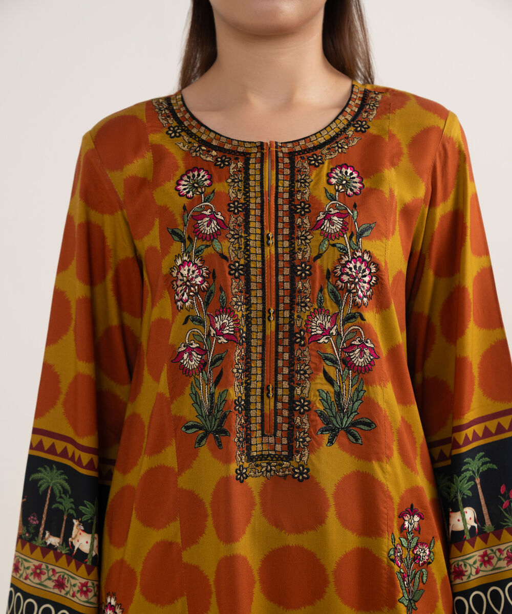 Women's RTW Arabic Lawn Orange Printed Aline Shirt