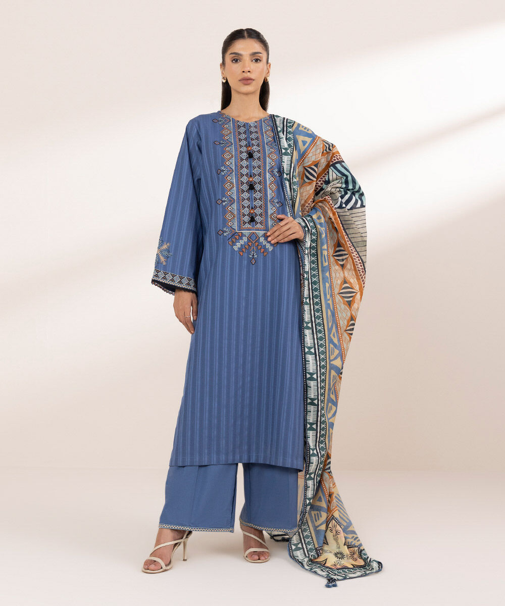 Women's RTW Textured Cotton Blue Embroidered A-Line Shirt