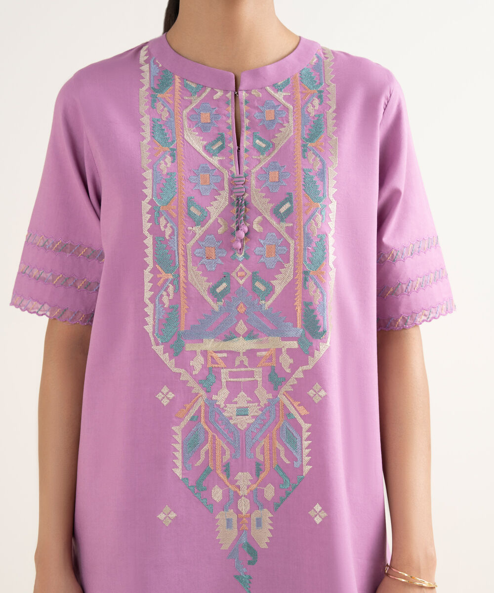 Women's Unstitched Cotton Viscose Embroidered Purple 3 Piece Suit