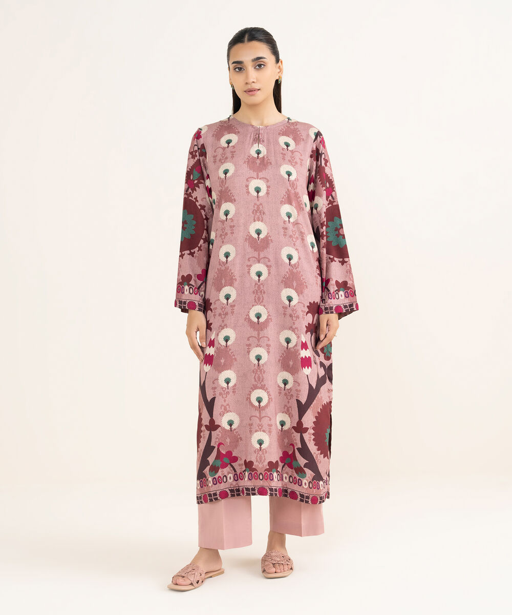 Women's RTW Arabic Lawn Coral Pink Printed Drop Shoulder Shirt