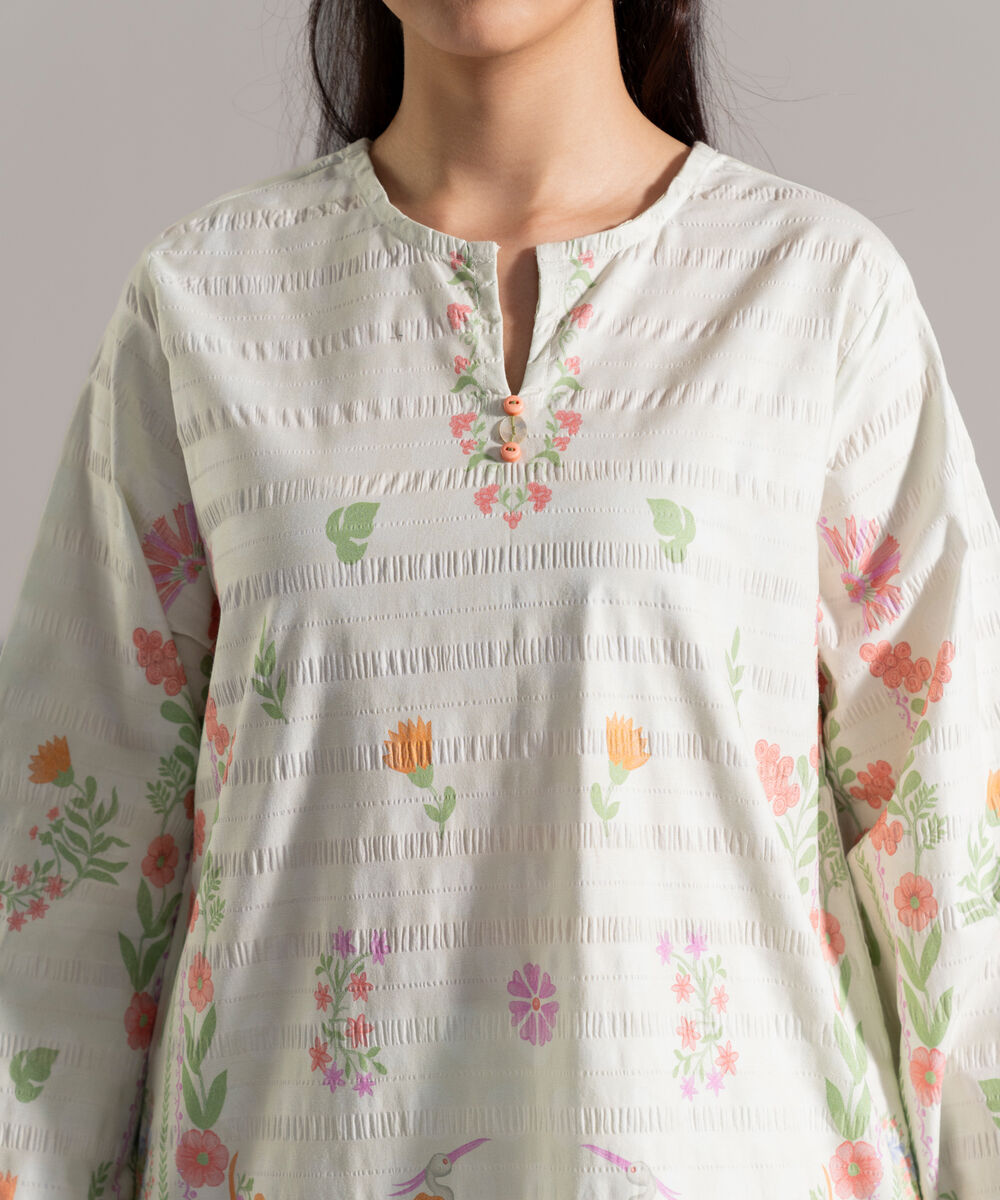 Women's RTW Seersucker Printed Off White Straight Shirt
