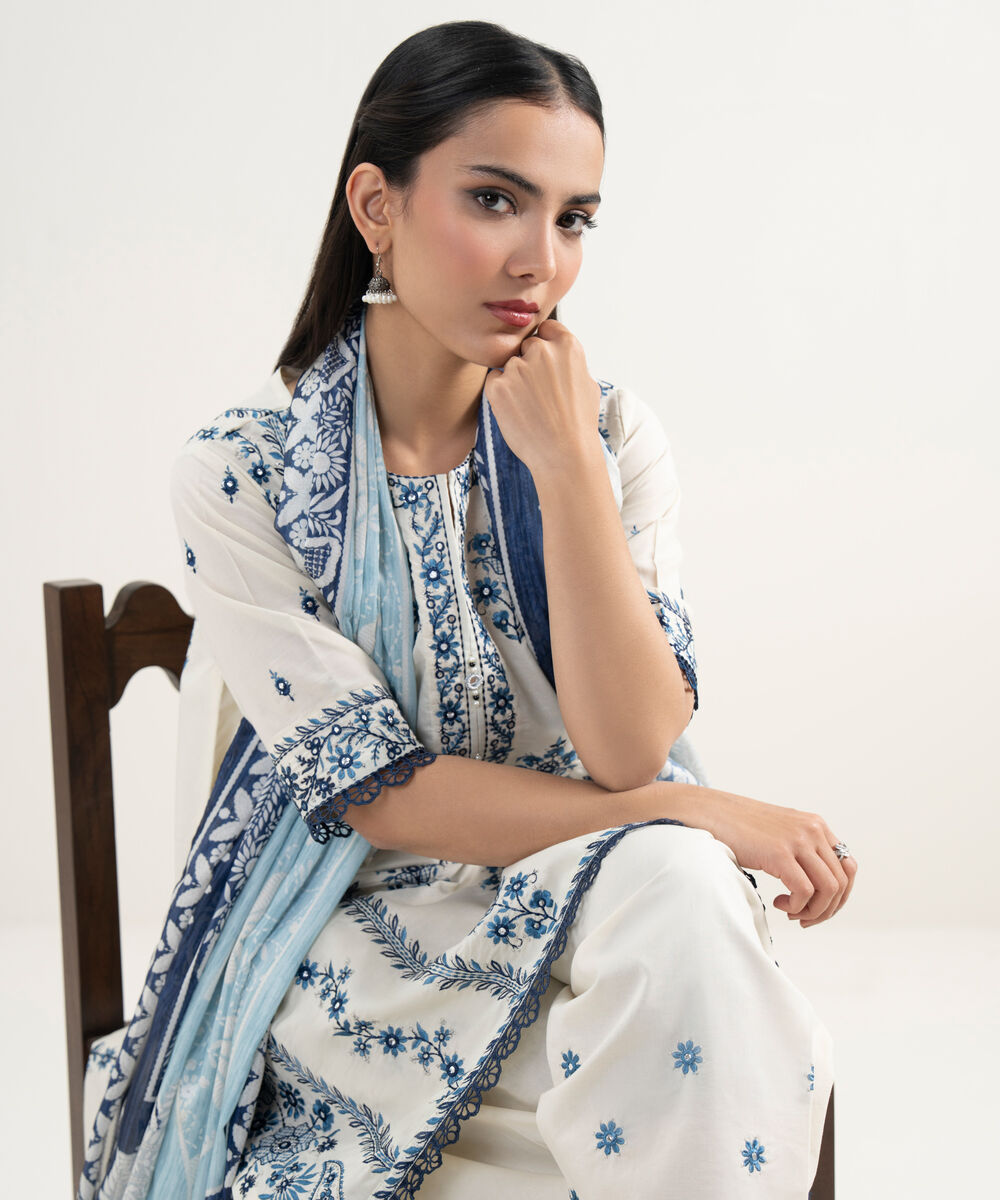 Women's RTW Zari Cotton Embroidered Blue 3 Piece Suit