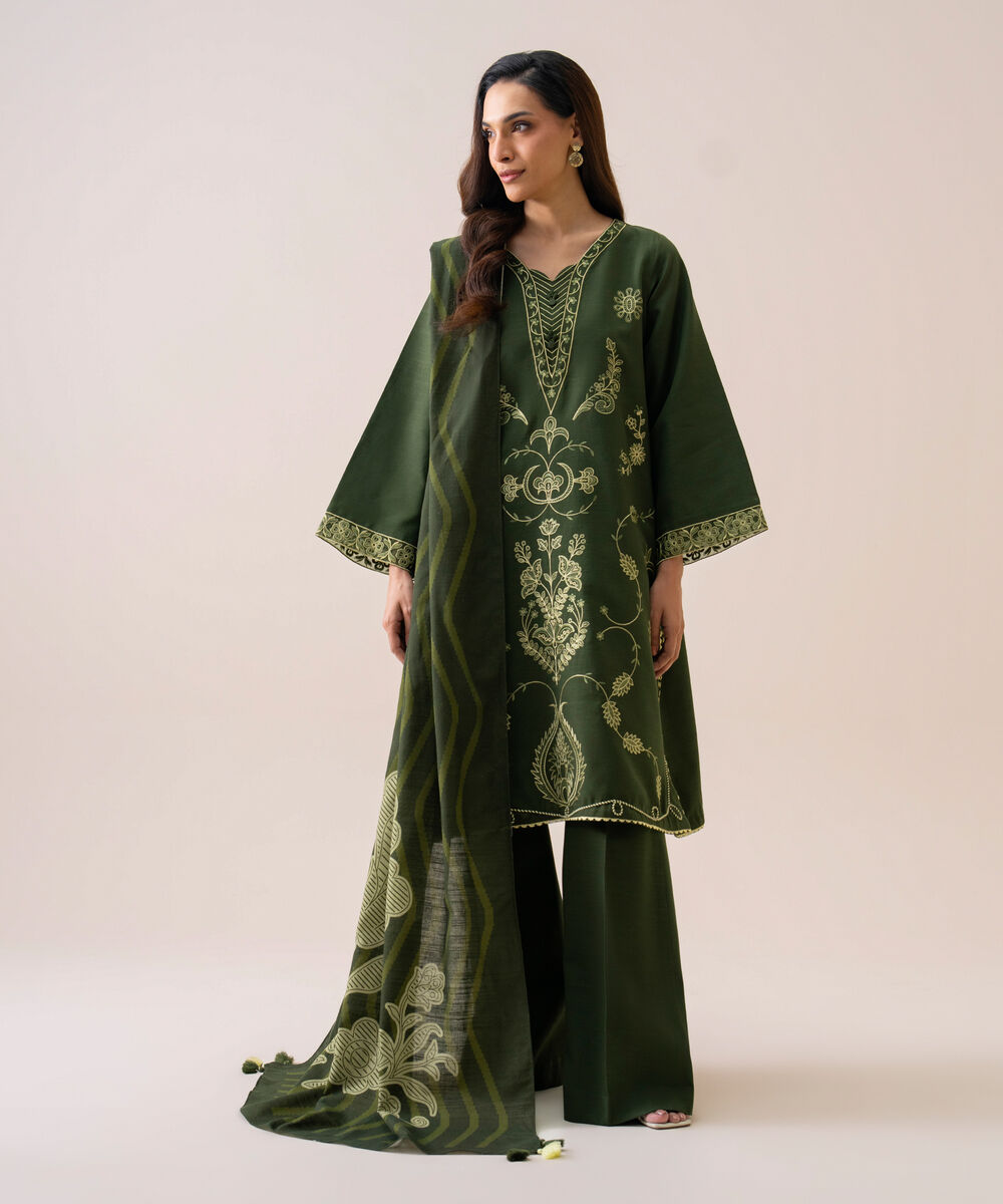 Women's Unstitched Light Khaddar Embroidered Green 3 Piece Suit