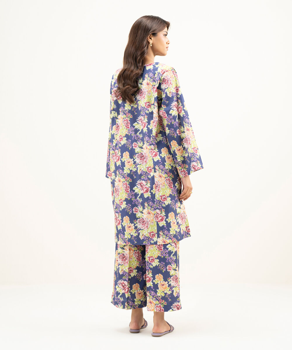 Women's RTW Seersucker Printed Purple Straight Shirt