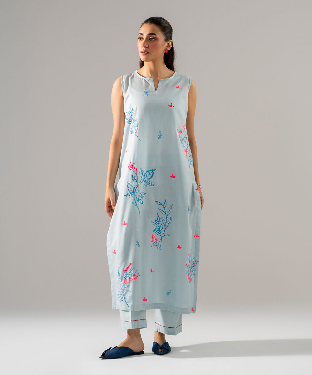 Women's RTW Dobby Solid Embroidered Blue 2 Piece Suit