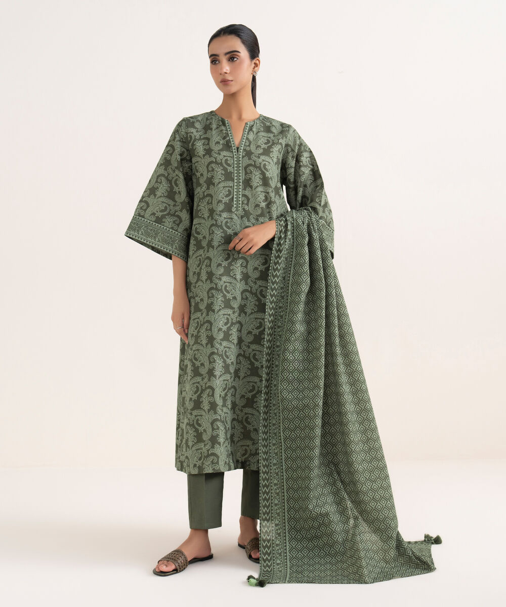 Women's Unstitched Light Khaddar Printed Green Three Piece Suit
