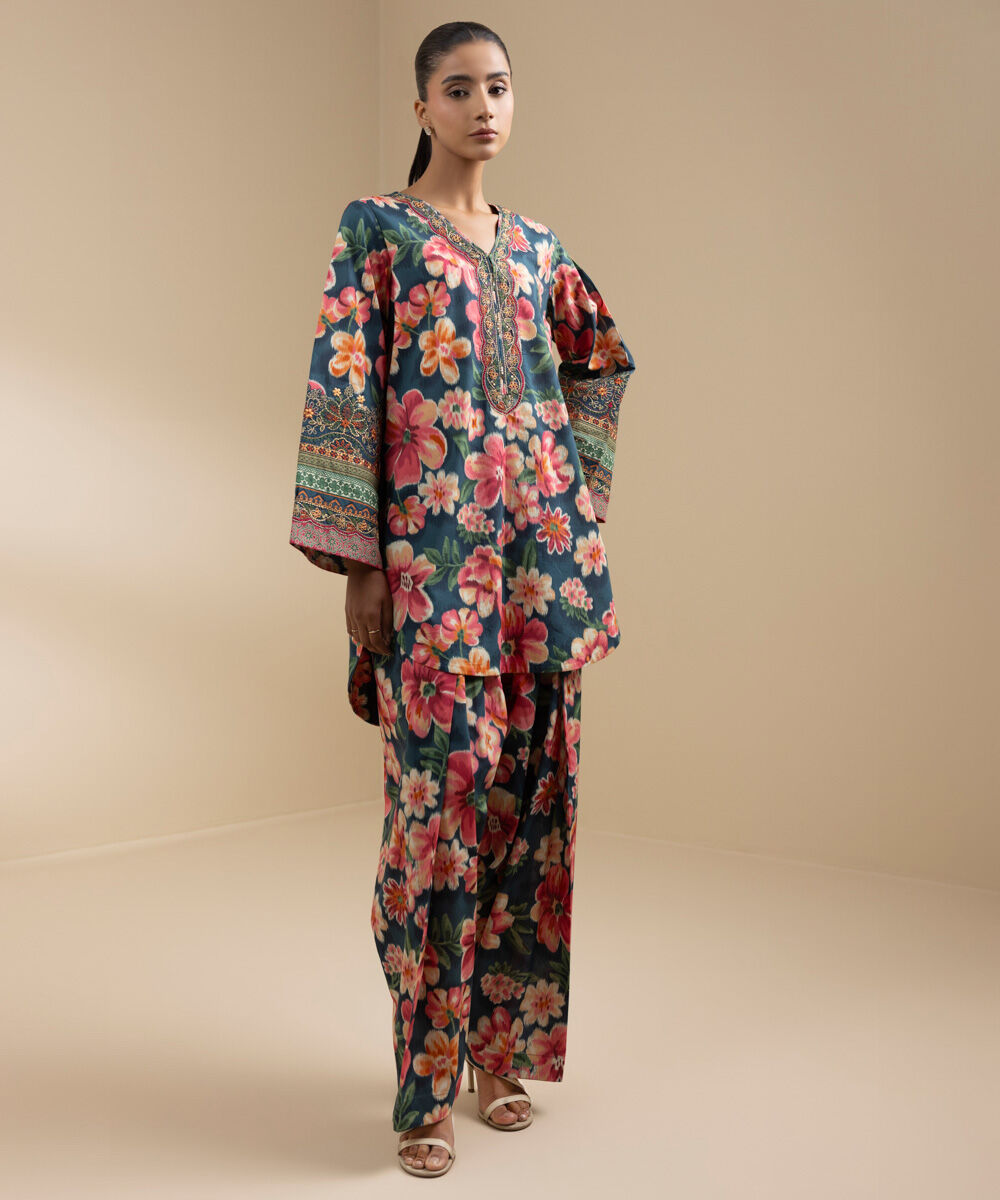 Unstitched Women's Blue Lawn Embroidered Shirt Trousers