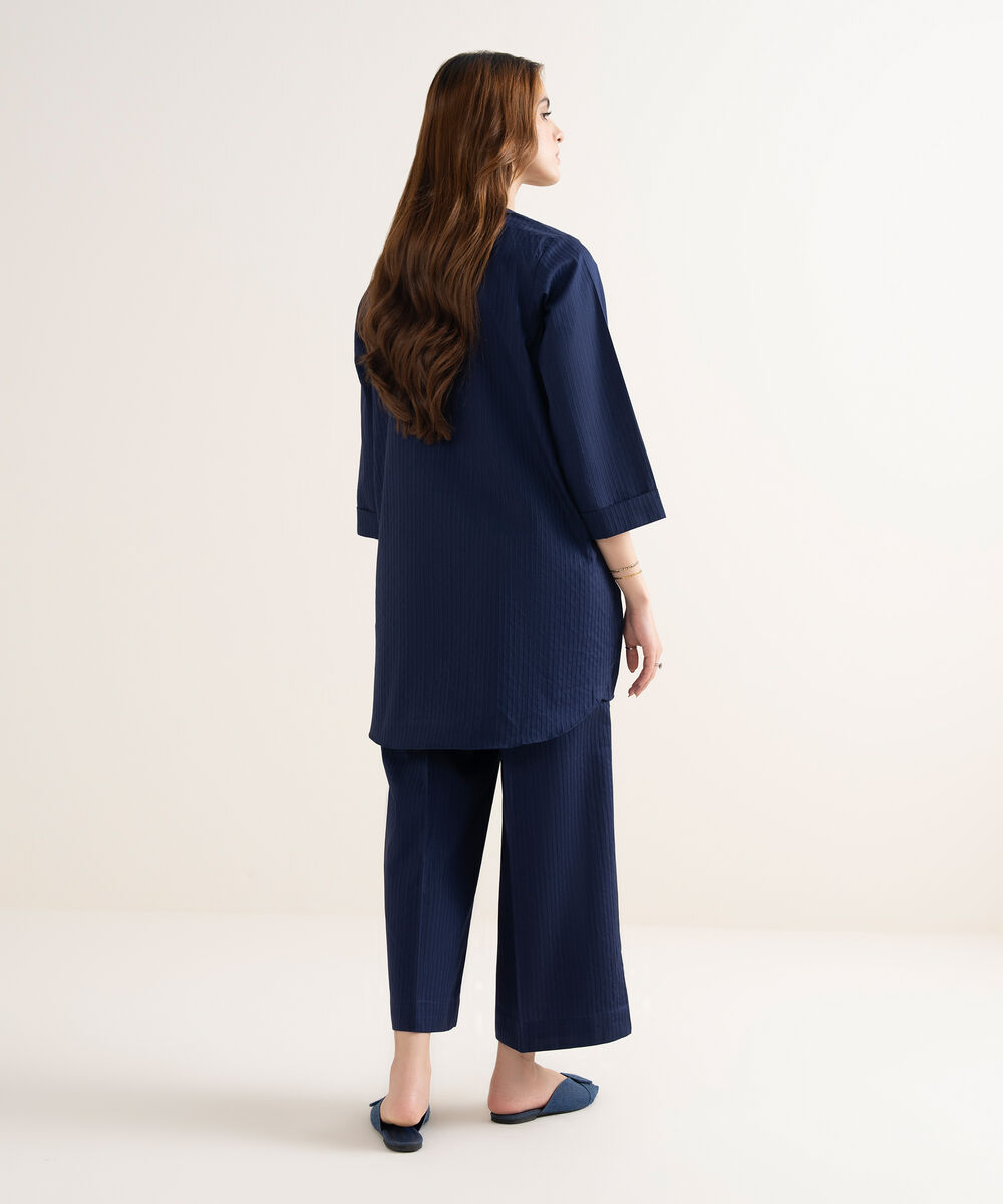 Women's RTW Handwoven Dobby Solid Button Down Blue Shirt