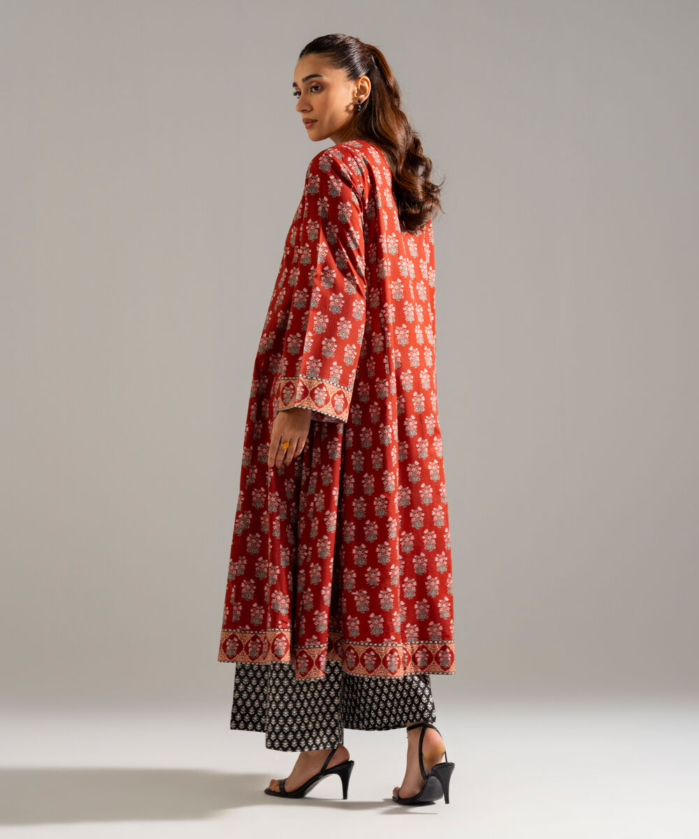 Women's RTW Slub Lawn Printed Maroon A-Line Shirt