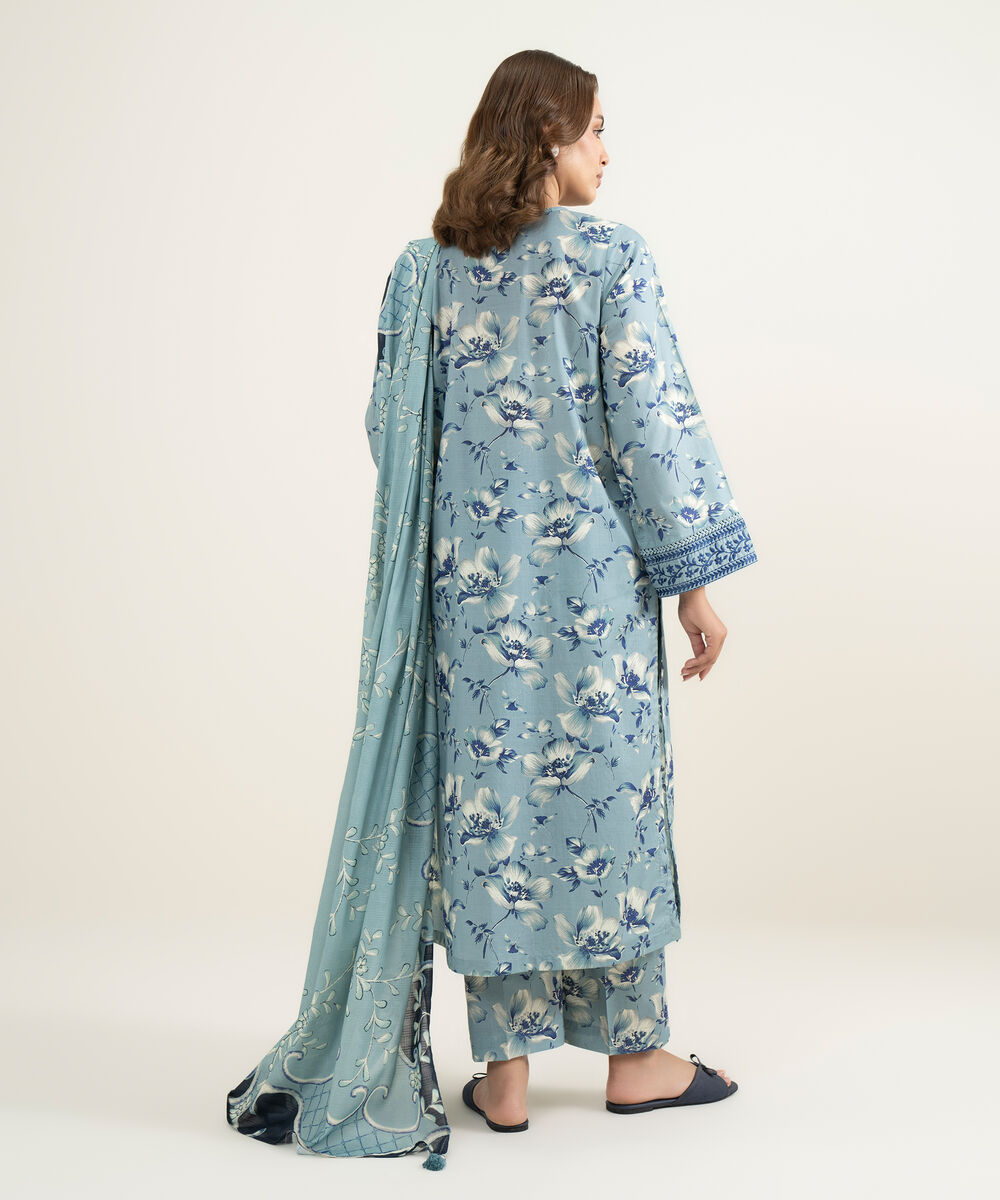 Women's RTW Slub Lawn Embroidered Blue 3 Piece Suit