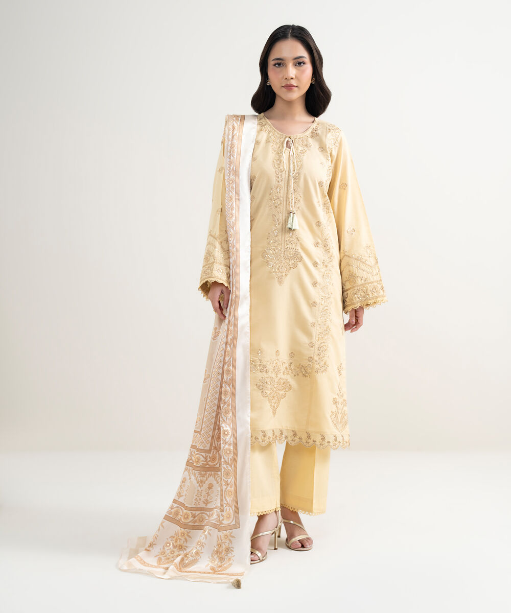 Women's RTW Zari Lawn Embroidered Yellow 2 Piece Suit