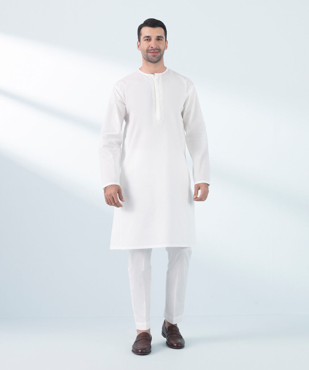 Man - White Embroidered Cotton Suit