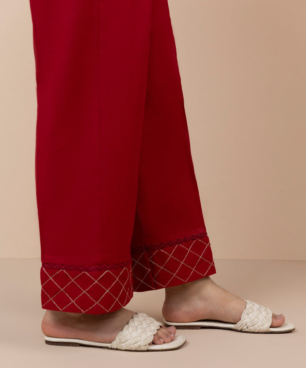 Women's Pret Cotton Linen Solid Embroidered Red Straight Pants