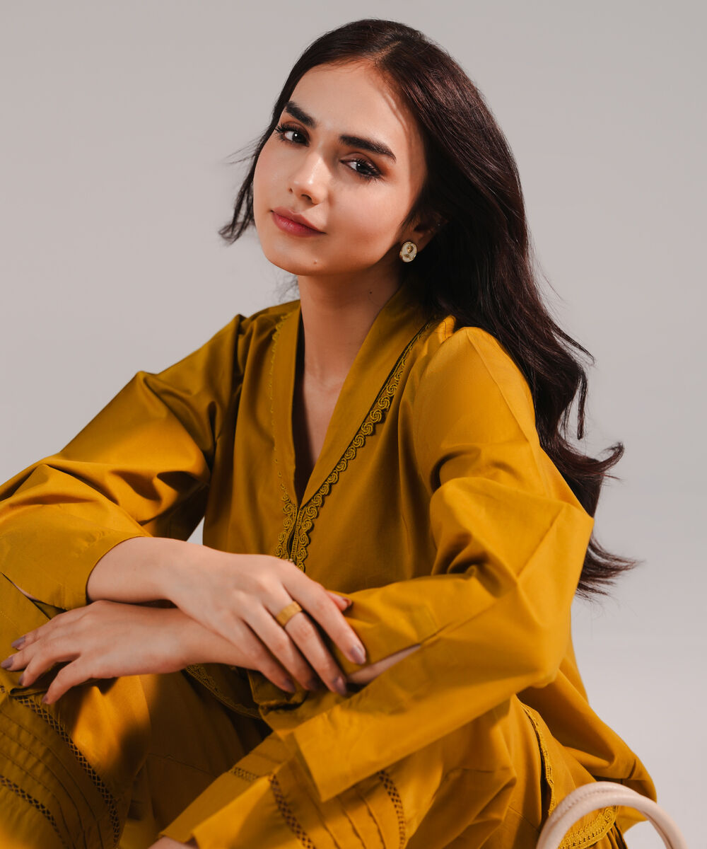 Women's RTW Lawn Solid Mustard Yellow Straight Shirt