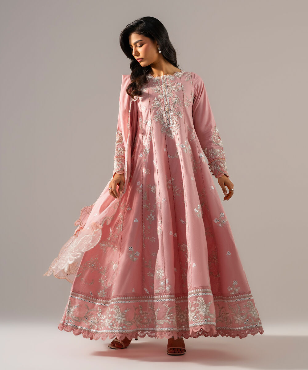Women's RTW Dobby Solid Embroidered Pink 3 Piece Suit