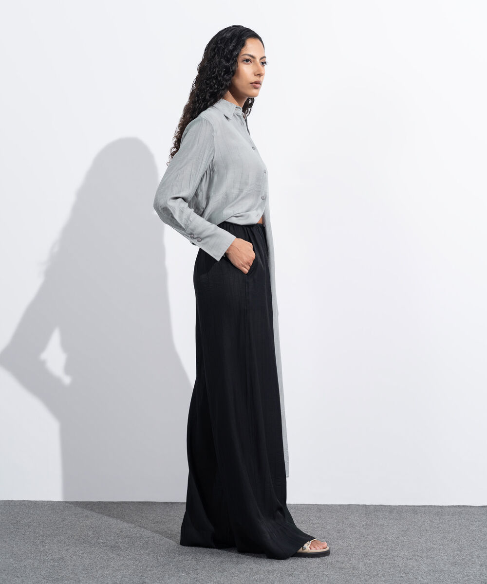 Women's Western Wear Black Textured Wide-Leg Trousers