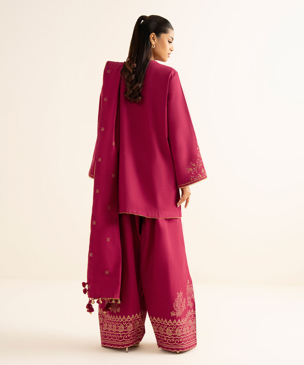 Women's Unstitched Textured Cotton Embroidered Red 3 Piece Suit
