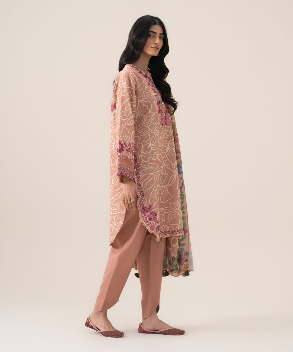 Women's Unstitched Premium Khaddar Embroidered Light Tea Pink 3 Piece Suit