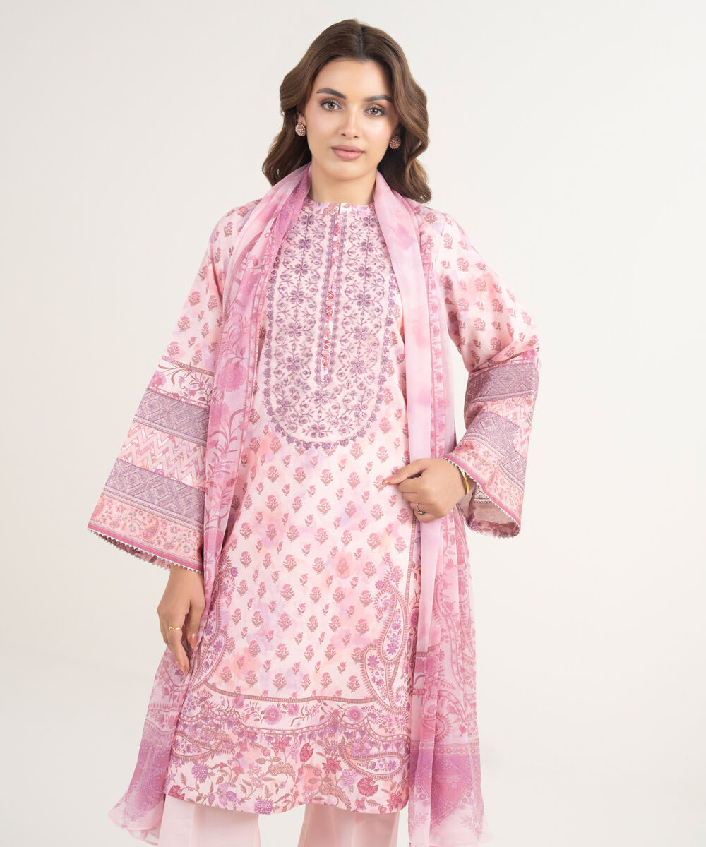 Women's Unstitched Lawn Embroidered Pink 3 Piece Suit