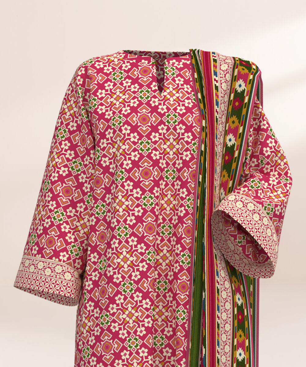 Women's Three Piece Printed Pink Lawn Suit