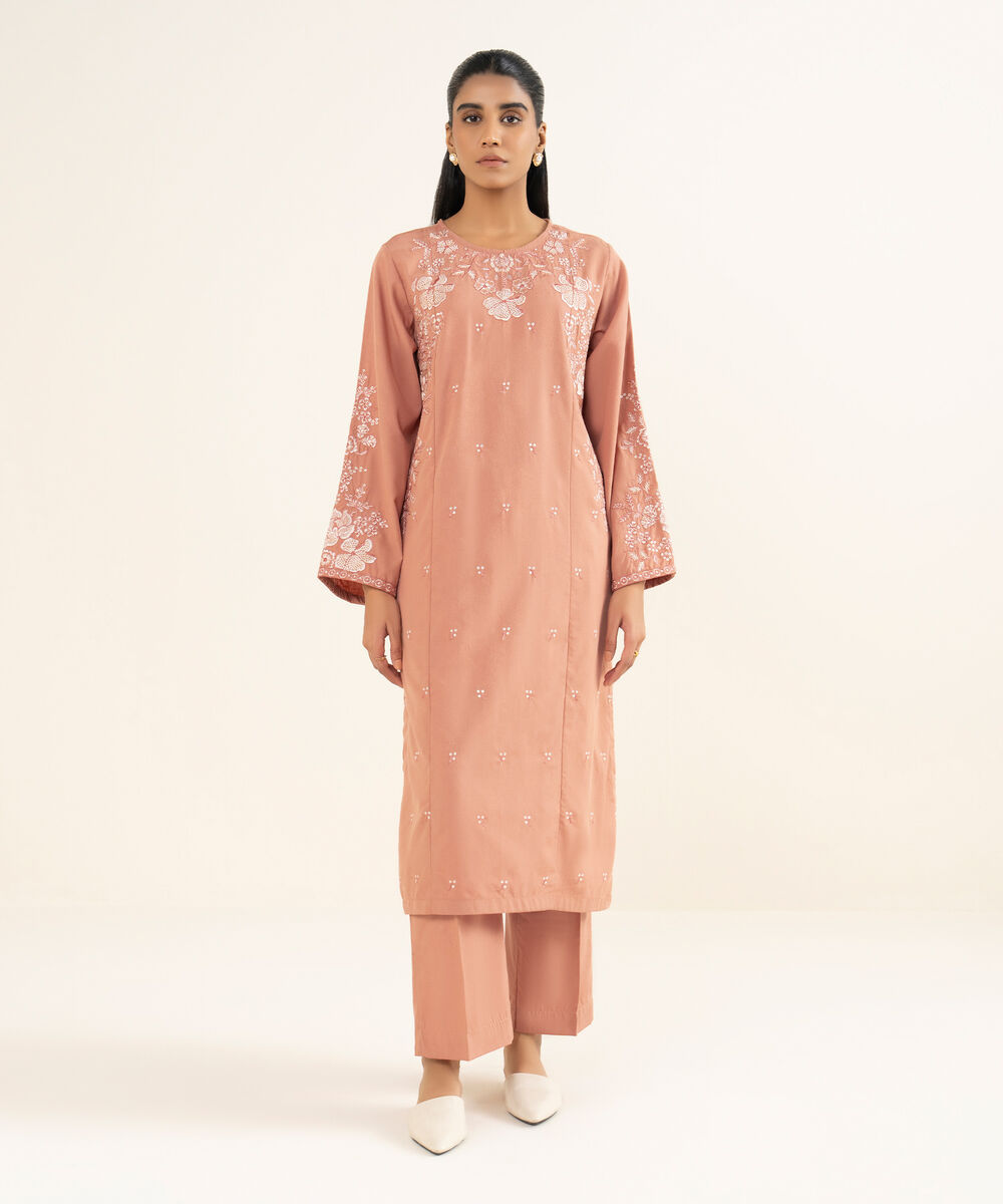 Women's RTW Self Jacquard Leno Embroidered Peach A-Line Shirt