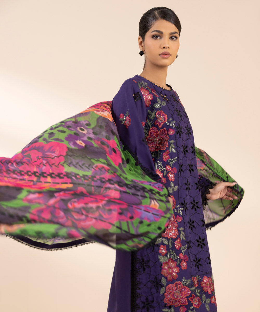 Woman - Purple 3 Piece - Embroidered Cotton Satin Suit