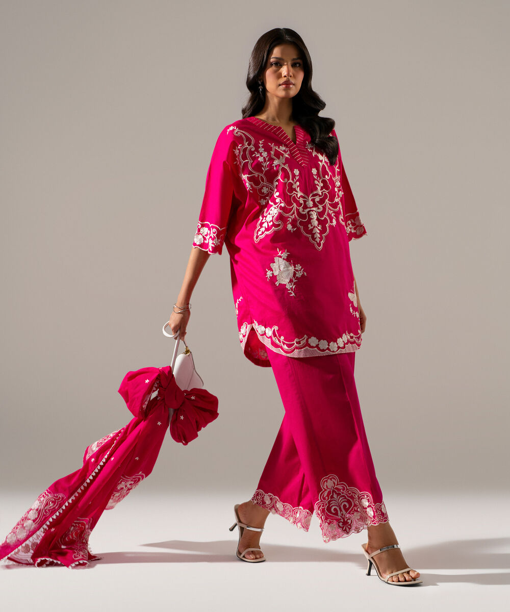 Women's RTW Lawn Solid Embroidered Pink 3 Piece Suit