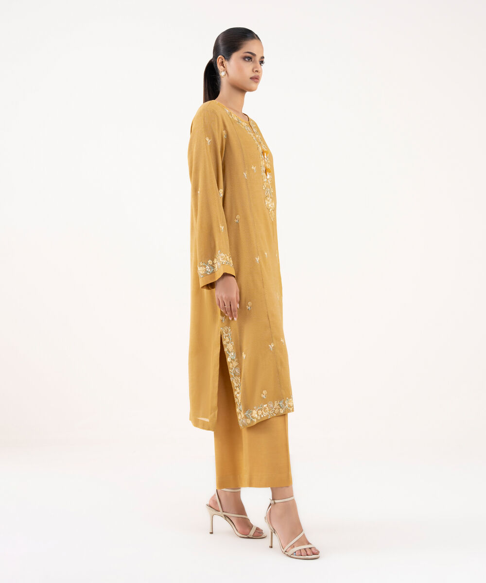 Women's RTW Khaddi Net Mustard Embroidered 2 Piece Suit