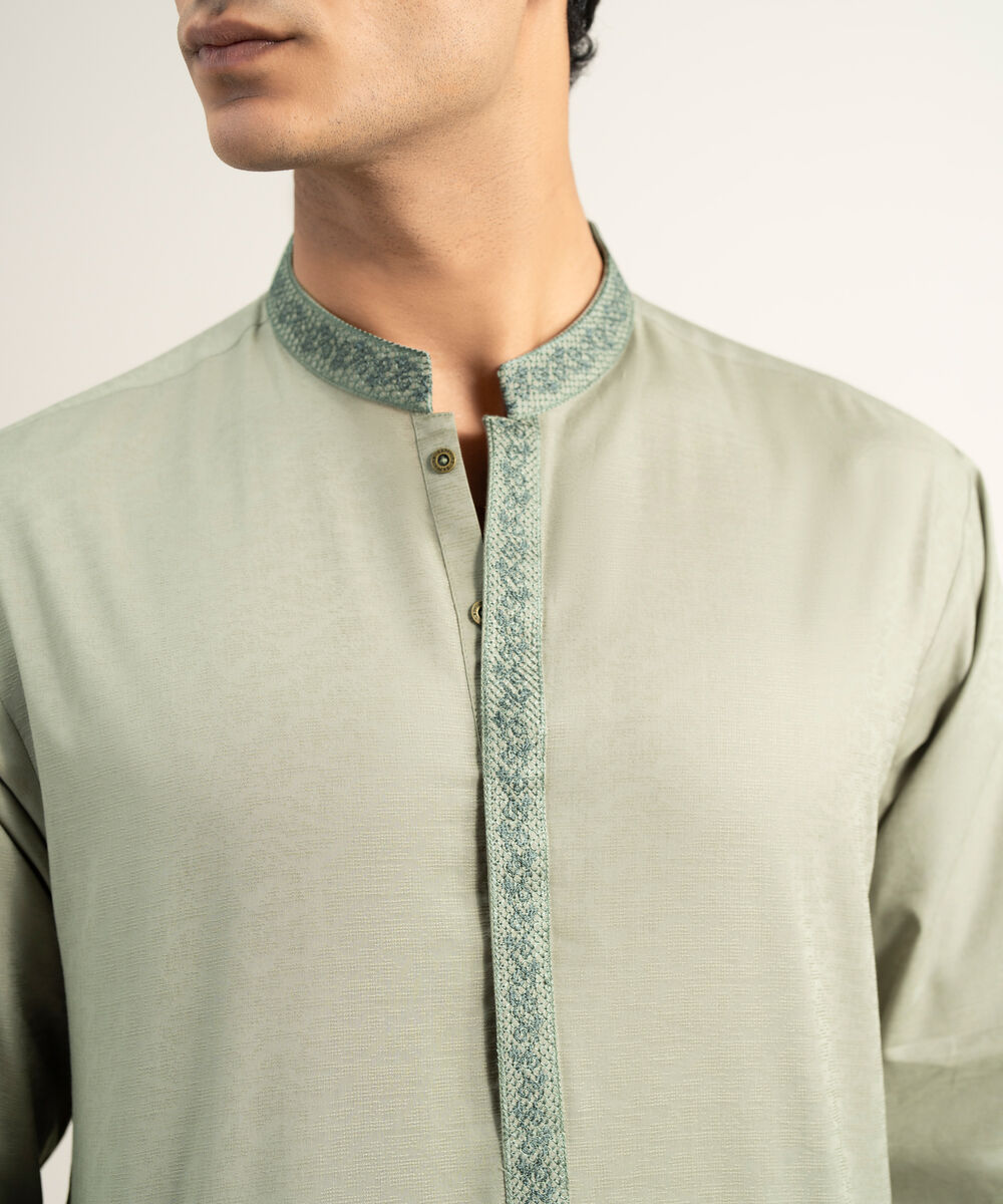 Men's Stitched Cotton Jacquard Light Olive Kurta