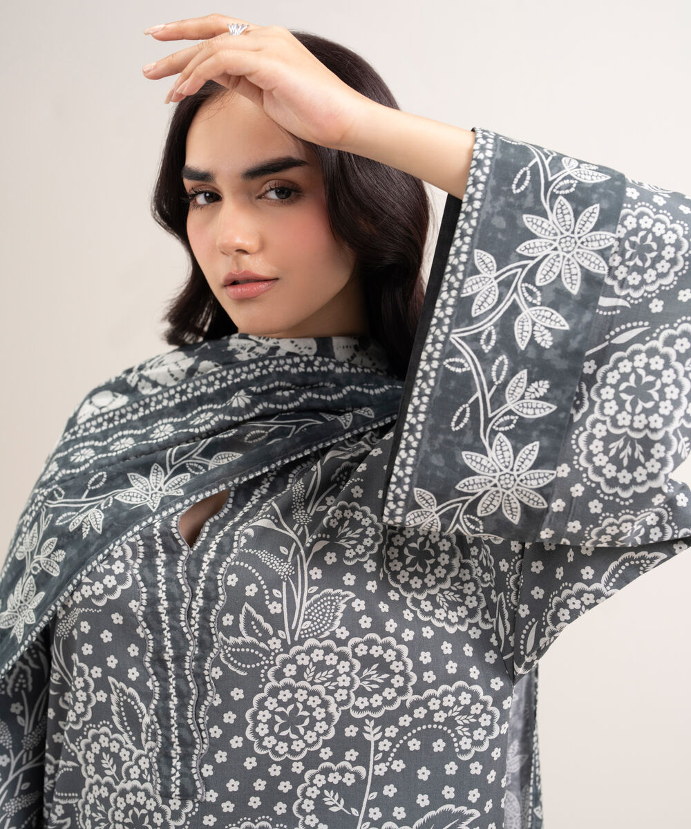 Women's Unstitched Lawn Printed Grey 3 Piece Suit