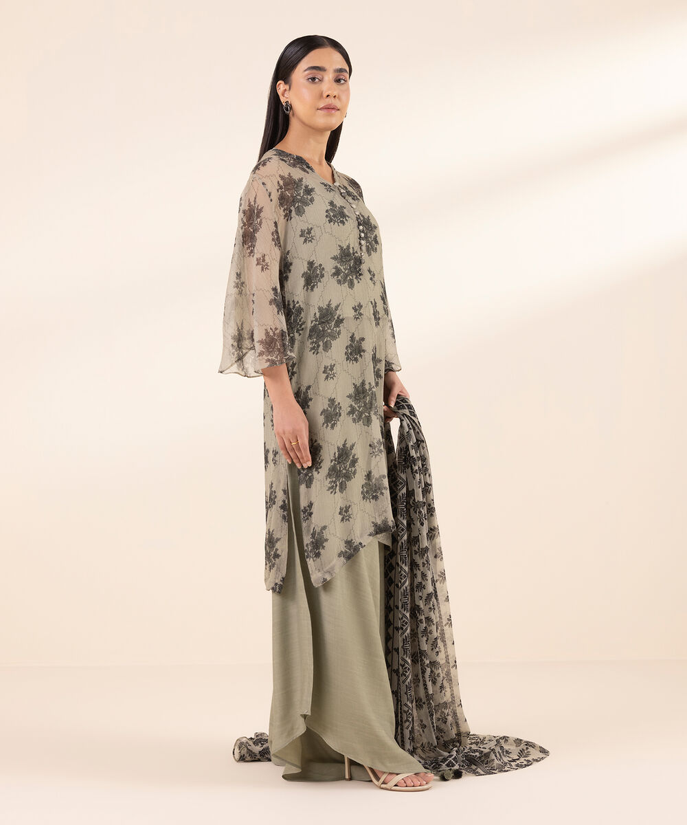 Women's Unstitched Chiffon Printed Grey 3 Piece Suit