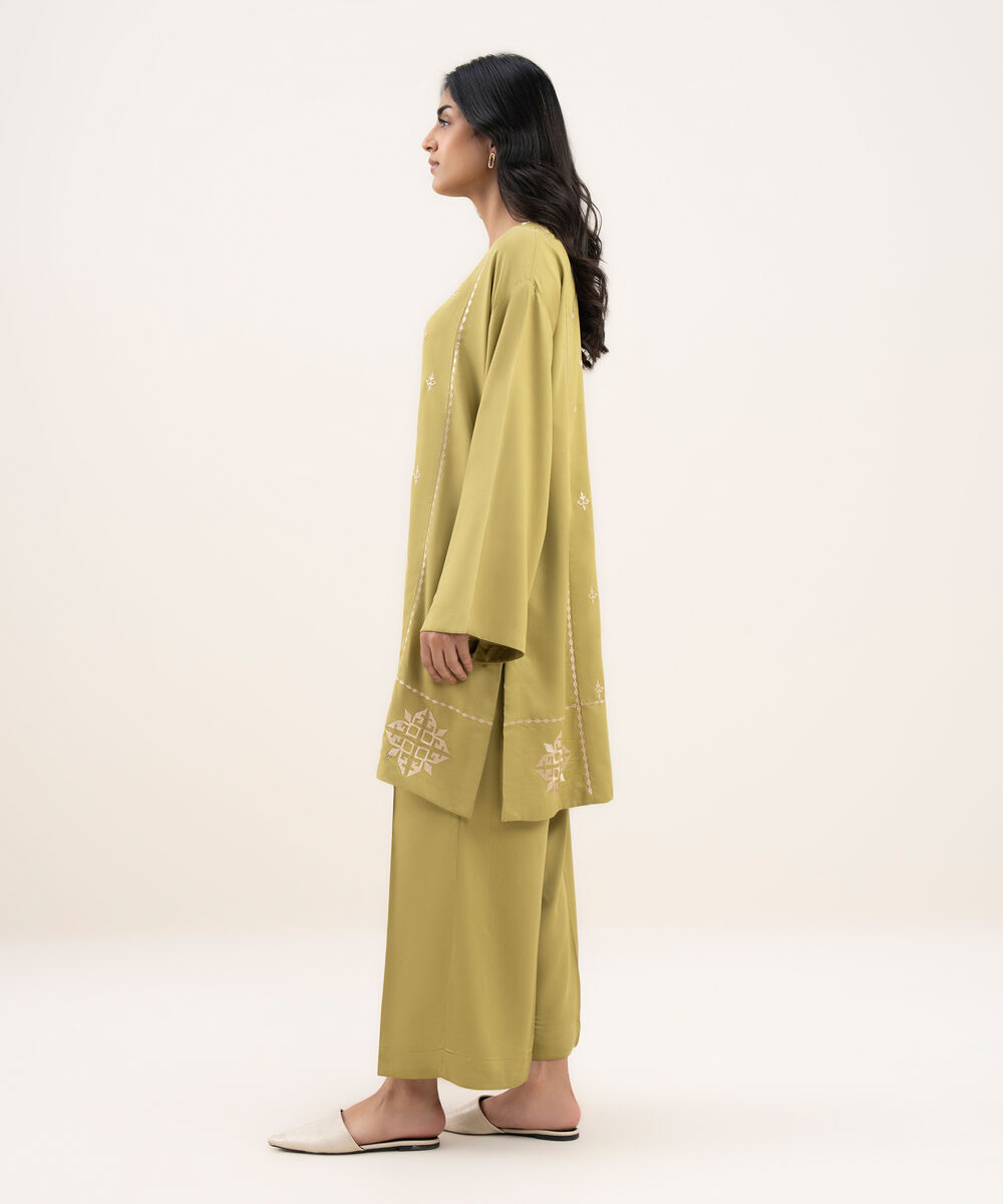 Women's RTW Bedford Embroidered Straight Olive Green Shirt