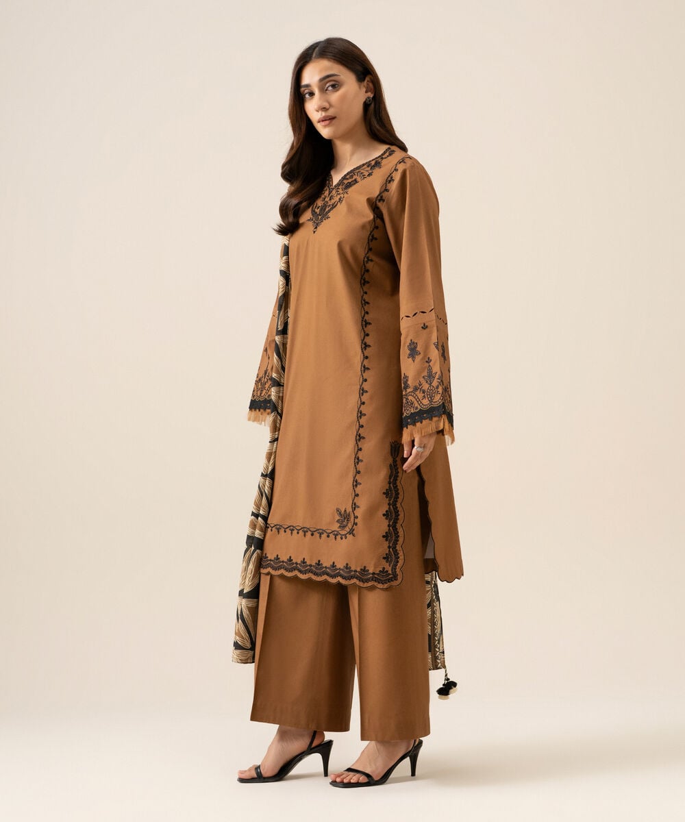 Women's Unstitched Basic Khaddar Embroidered Brown 3 Piece Suit