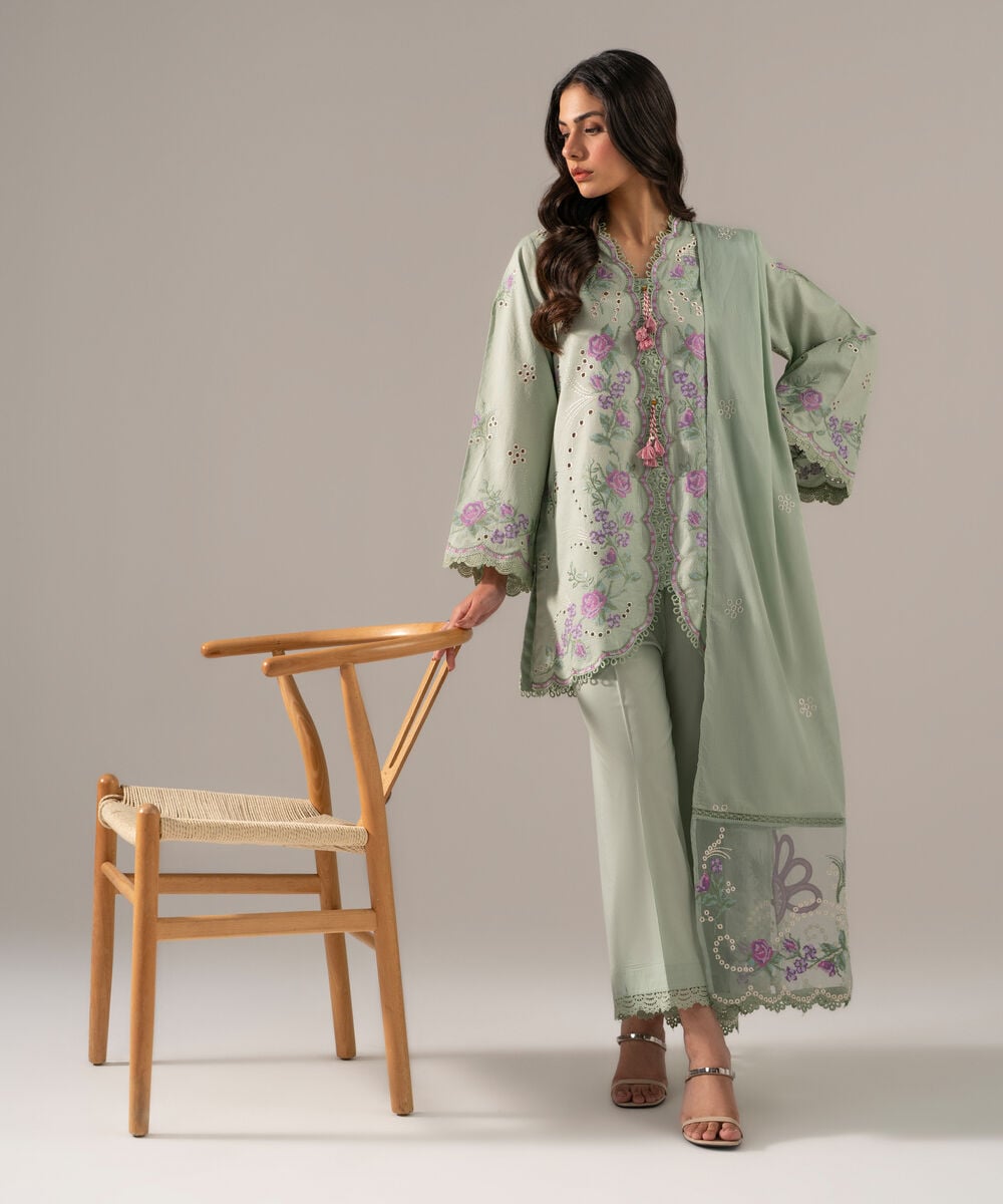 Women's RTW Dobby Solid Embroidered Green 3 Piece Suit