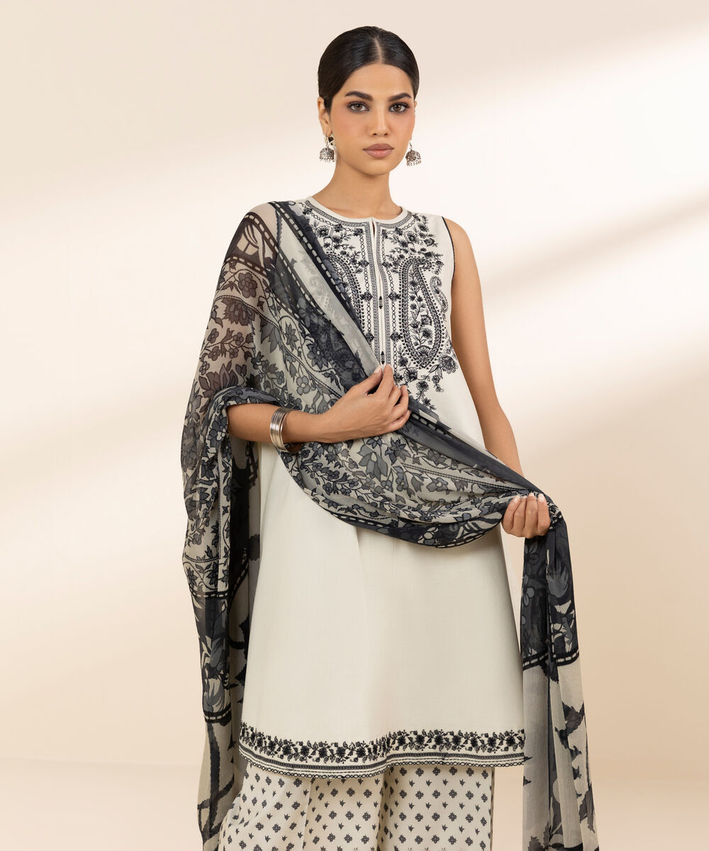 Women's Unstitched Lawn Embroidered Off White 3 Piece Suit