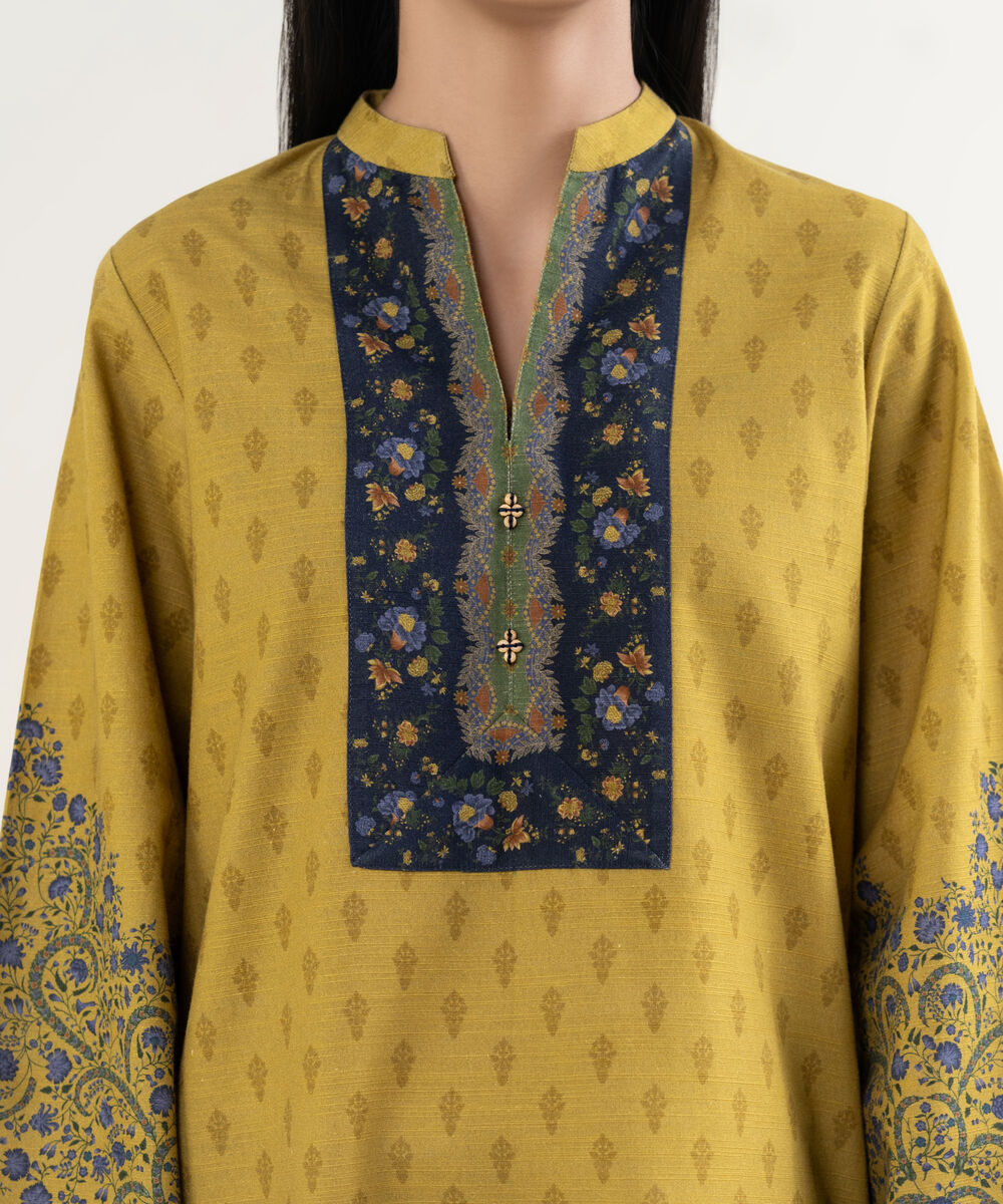 Women's Unstitched Printed Khaddar Mustard 3 Piece Suit
