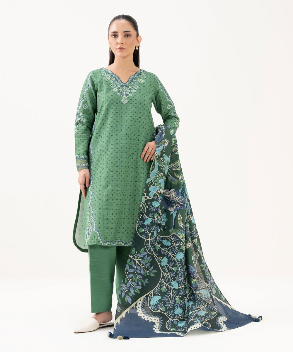 Women's Unstitched Khaddar Embroidered Green 3 Piece Suit