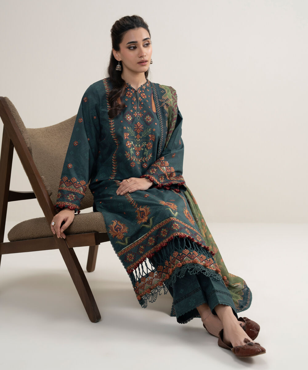 Women's Unstitched Lawn Embroidered Blue 3 Piece Suit