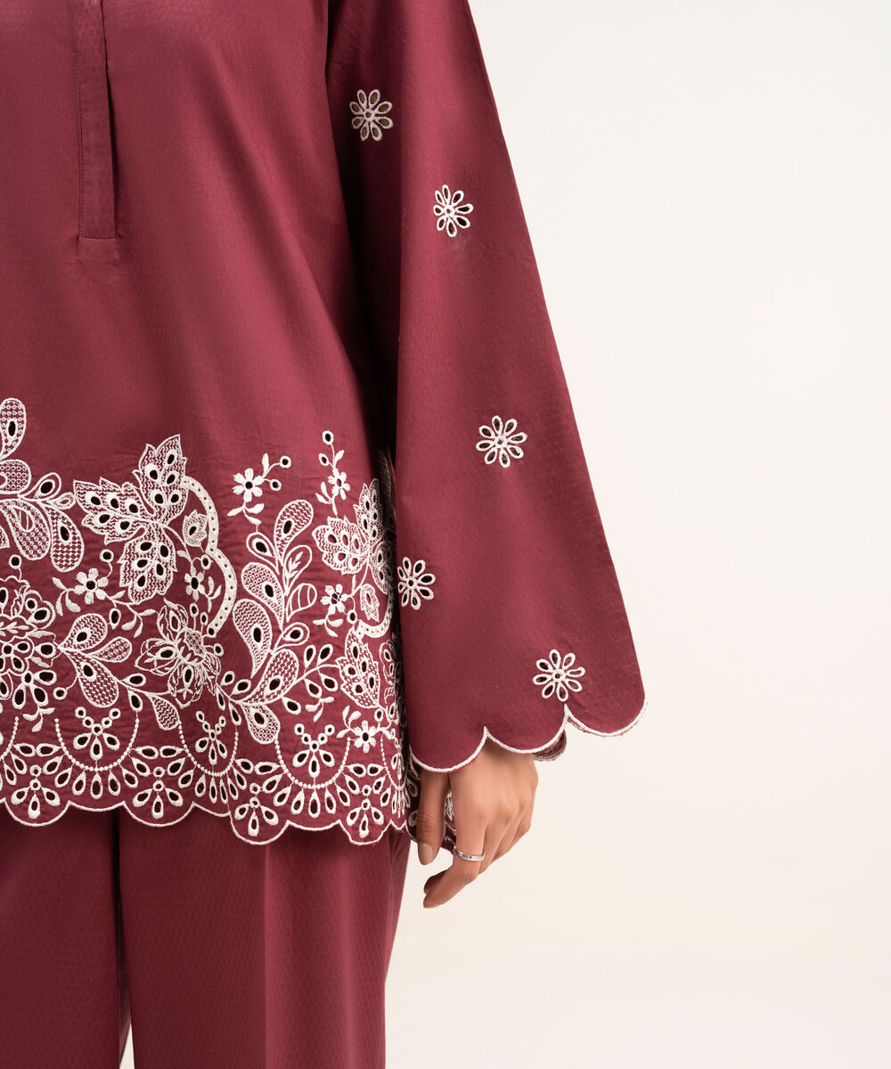 Women's RTW Dobby Embroidered Red Straight Shirt