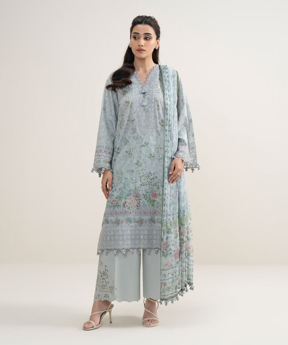 Women's Unstitched Fine Lawn Embroidered Grey 3 Piece Suit