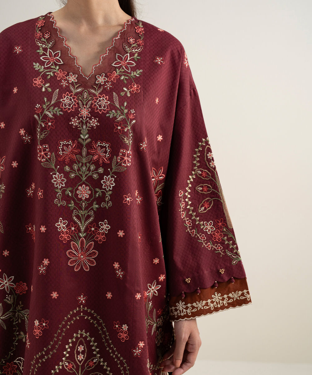 Women's Unstitched Dobby Embroidered Maroon 3 Piece Suit
