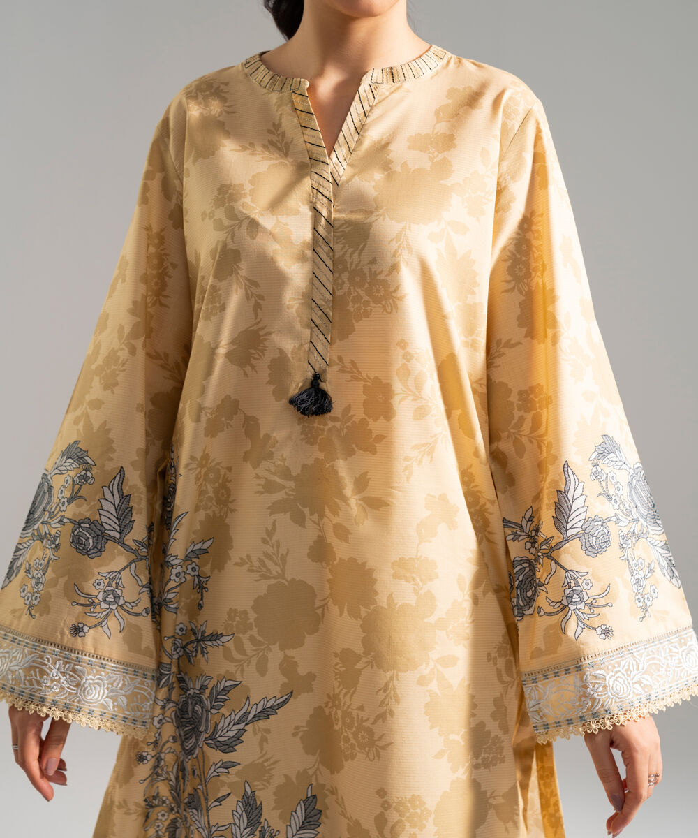 Women's RTW Zari Lawn Embroidered Beige Straight Shirt