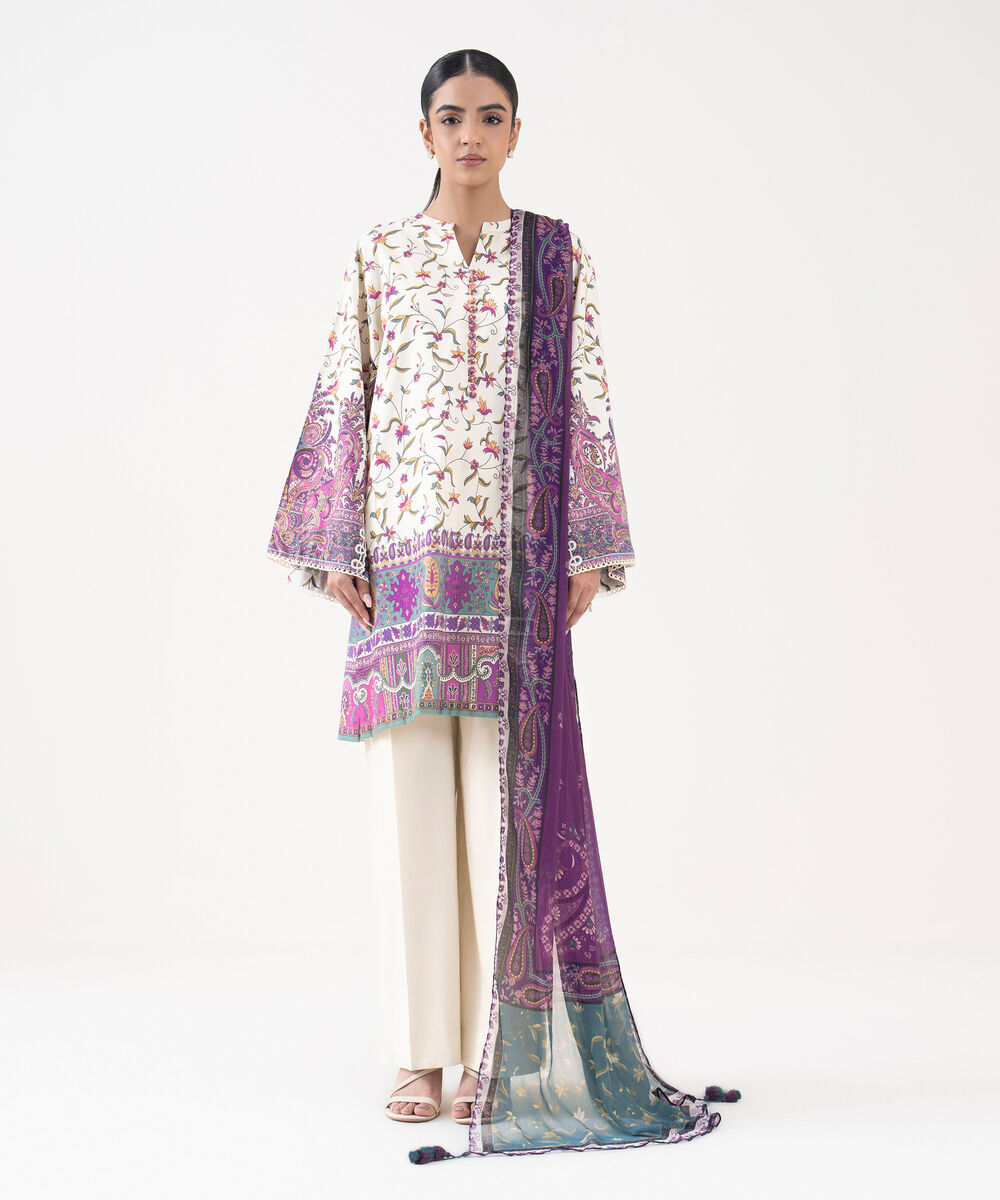 Women's Unstitched Cotton Viscose Printed Multi 3 Piece Suit