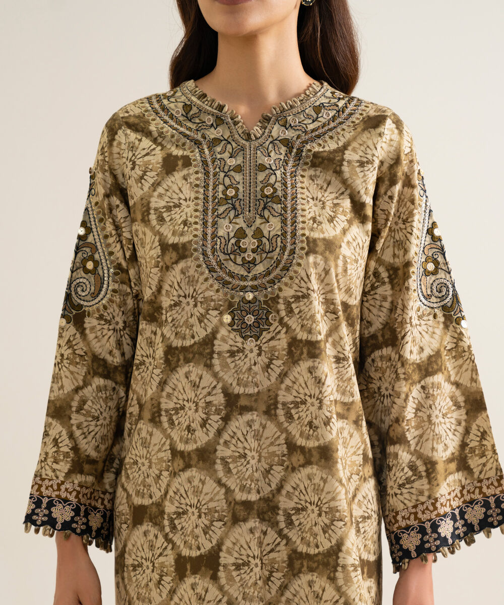 Women's Unstitched Linen Printed Beige 3 Piece Suit