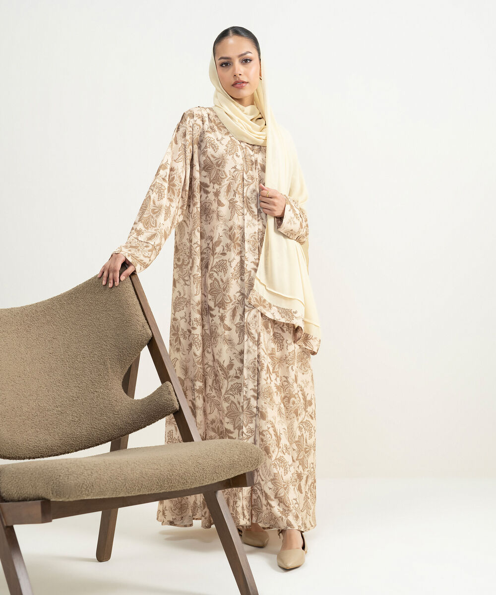 Women's Ivory Printed Abaya Set