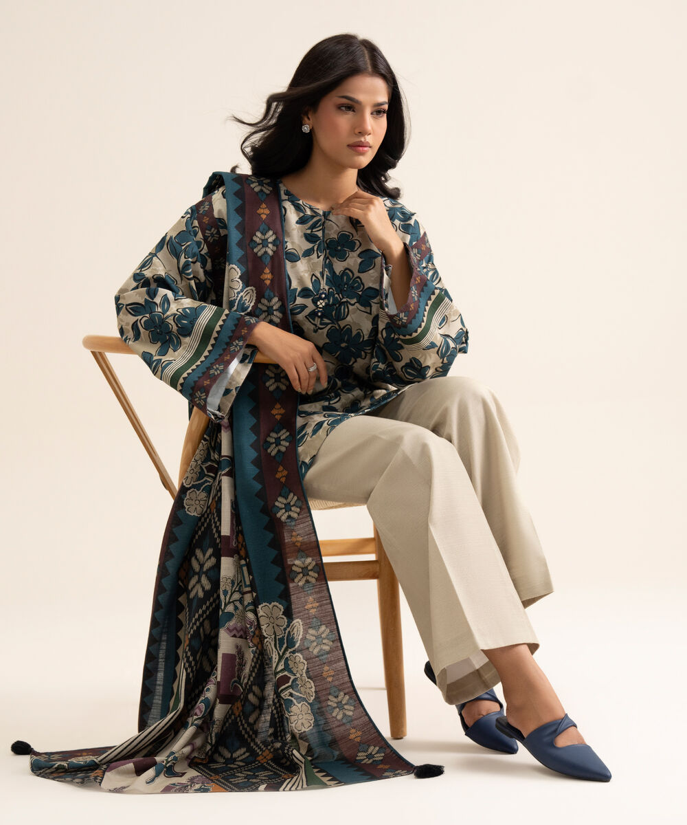 Women's Unstitched Light Khaddar Printed Blue & Off White 3 Piece Suit