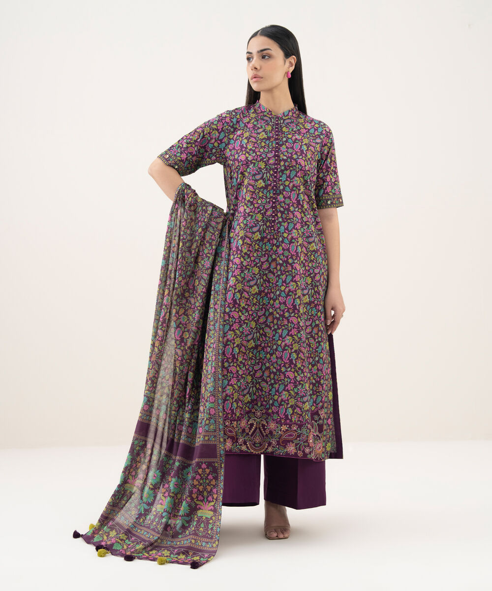 Women's Unstitched Cotton Printed Purple 3 Piece Suit