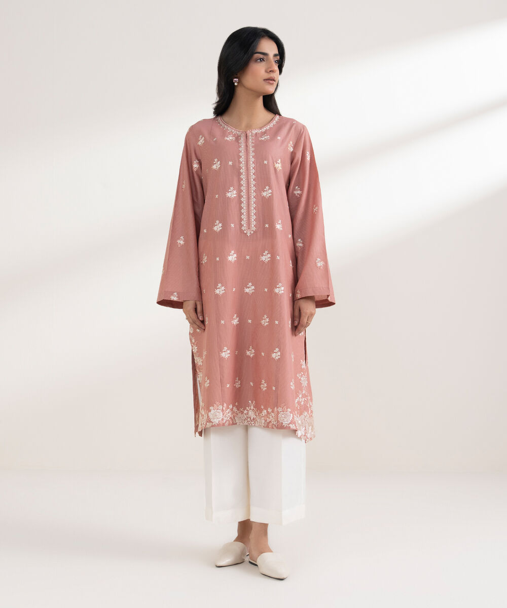 Women's RTW Zari Lawn Embroidered Pink Straight Shirt