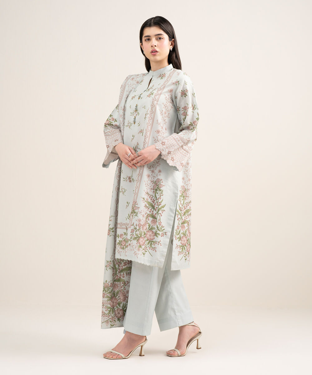 Women's Unstitched Zari Lawn Printed Blue 3 Piece Suit